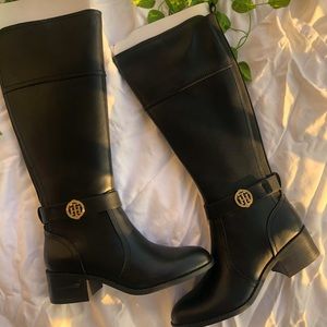 NWT TOMMY HILFIGER Black Calf-Length Riding Boots with Gold Accents (Brand New)